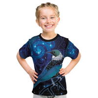 New Zealand Tui Bird Kid T Shirt The Pleiades Star Cluster and Koru Tribal Tattoo Galaxy Vibe LT03 Blue - Polynesian Pride
