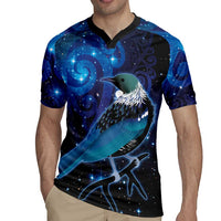 New Zealand Tui Bird Rugby Jersey The Pleiades Star Cluster and Koru Tribal Tattoo Galaxy Vibe LT03 - Polynesian Pride
