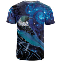 New Zealand Tui Bird T Shirt The Pleiades Star Cluster and Koru Tribal Tattoo Galaxy Vibe LT03 - Polynesian Pride