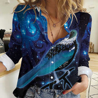 New Zealand Tui Bird Women Casual Shirt The Pleiades Star Cluster and Koru Tribal Tattoo Galaxy Vibe LT03 Female Blue - Polynesian Pride