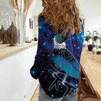 New Zealand Tui Bird Women Casual Shirt The Pleiades Star Cluster and Koru Tribal Tattoo Galaxy Vibe LT03 - Polynesian Pride