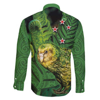 New Zealand Kākāpō Family Matching Mermaid Dress and Hawaiian Shirt Silver Fern with Close up of Green Fern Leaves and Maori Tattoo