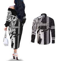 Hawaii Lanai Island Couples Matching Off The Shoulder Long Sleeve Dress and Long Sleeve Button Shirts Hawaiian King and Kakau Symbols Abstract Shoulder Tattoo LT03 - Polynesian Pride