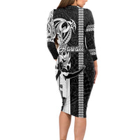 Hawaii Lanai Island Long Sleeve Bodycon Dress Hawaiian King and Kakau Symbols Abstract Shoulder Tattoo LT03 - Polynesian Pride