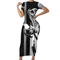 Custom Hawaii Lanai Island Short Sleeve Bodycon Dress Hawaiian King and Kakau Symbols Abstract Shoulder Tattoo LT03 Long Dress Black - Polynesian Pride