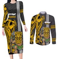 Hawaii Molokai Island Couples Matching Long Sleeve Bodycon Dress and Long Sleeve Button Shirts Hawaiian Warrior and Kakau Symbols Abstract Tattoo LT03 Yellow - Polynesian Pride