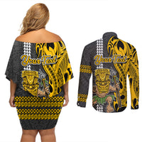 Custom Hawaii Molokai Island Couples Matching Off Shoulder Short Dress and Long Sleeve Button Shirts Hawaiian Warrior and Kakau Symbols Abstract Tattoo LT03 - Polynesian Pride