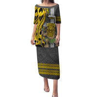 Custom Hawaii Molokai Island Family Matching Puletasi Dress and Hawaiian Shirt Hawaiian Warrior and Kakau Symbols Abstract Tattoo LT03 Mom's Dress Yellow - Polynesian Pride