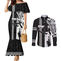 Hawaii Molokai Island Couples Matching Mermaid Dress and Long Sleeve Button Shirts Hawaiian King and Kakau Symbols Abstract Shoulder Tattoo LT03 Black - Polynesian Pride