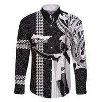 Hawaii Molokai Island Family Matching Tank Maxi Dress and Hawaiian Shirt Hawaiian King and Kakau Symbols Abstract Shoulder Tattoo LT03 Dad's Shirt - Long Sleeve Black - Polynesian Pride