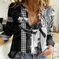 Custom Hawaii Molokai Island Women Casual Shirt Hawaiian King and Kakau Symbols Abstract Shoulder Tattoo LT03 Female Black - Polynesian Pride