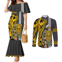 Hawaii Niihau Island Couples Matching Mermaid Dress and Long Sleeve Button Shirts Hawaiian Warrior and Kakau Symbols Abstract Tattoo LT03 Yellow - Polynesian Pride