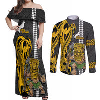 Hawaii Niihau Island Couples Matching Off Shoulder Maxi Dress and Long Sleeve Button Shirts Hawaiian Warrior and Kakau Symbols Abstract Tattoo LT03 Yellow - Polynesian Pride