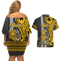 Hawaii Niihau Island Couples Matching Off Shoulder Short Dress and Hawaiian Shirt Hawaiian Warrior and Kakau Symbols Abstract Tattoo LT03 - Polynesian Pride