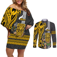 Hawaii Niihau Island Couples Matching Off Shoulder Short Dress and Long Sleeve Button Shirts Hawaiian Warrior and Kakau Symbols Abstract Tattoo LT03 Yellow - Polynesian Pride