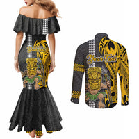 Custom Hawaii Niihau Island Couples Matching Mermaid Dress and Long Sleeve Button Shirts Hawaiian Warrior and Kakau Symbols Abstract Tattoo LT03 - Polynesian Pride