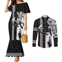 Hawaii Niihau Island Couples Matching Mermaid Dress and Long Sleeve Button Shirts Hawaiian King and Kakau Symbols Abstract Shoulder Tattoo LT03 Black - Polynesian Pride