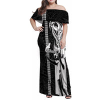 Hawaii Niihau Island Family Matching Off Shoulder Maxi Dress and Hawaiian Shirt Hawaiian King and Kakau Symbols Abstract Shoulder Tattoo LT03 Mom's Dress Black - Polynesian Pride