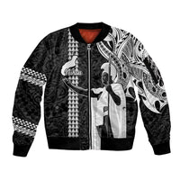 Hawaii Niihau Island Sleeve Zip Bomber Jacket Hawaiian King and Kakau Symbols Abstract Shoulder Tattoo LT03 Unisex Black - Polynesian Pride