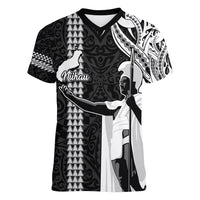 Hawaii Niihau Island Women V Neck T Shirt Hawaiian King and Kakau Symbols Abstract Shoulder Tattoo LT03 Female Black - Polynesian Pride