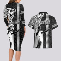 Custom Hawaii Niihau Island Couples Matching Long Sleeve Bodycon Dress and Hawaiian Shirt Hawaiian King and Kakau Symbols Abstract Shoulder Tattoo LT03 - Polynesian Pride