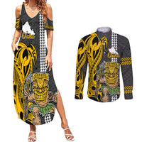 Hawaii Oahu Island Couples Matching Summer Maxi Dress and Long Sleeve Button Shirts Hawaiian Warrior and Kakau Symbols Abstract Tattoo LT03 Yellow - Polynesian Pride
