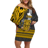 Hawaii Oahu Island Family Matching Off Shoulder Short Dress and Hawaiian Shirt Hawaiian Warrior and Kakau Symbols Abstract Tattoo LT03 Mom's Dress Yellow - Polynesian Pride