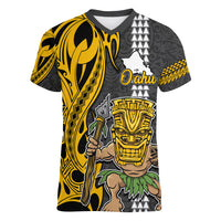 Hawaii Oahu Island Women V Neck T Shirt Hawaiian Warrior and Kakau Symbols Abstract Tattoo LT03 Female Yellow - Polynesian Pride
