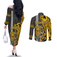 Custom Hawaii Oahu Island Couples Matching Off The Shoulder Long Sleeve Dress and Long Sleeve Button Shirts Hawaiian Warrior and Kakau Symbols Abstract Tattoo LT03 - Polynesian Pride