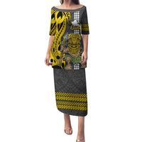 Custom Hawaii Oahu Island Family Matching Puletasi Dress and Hawaiian Shirt Hawaiian Warrior and Kakau Symbols Abstract Tattoo LT03 Mom's Dress Yellow - Polynesian Pride