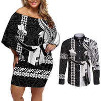 Hawaii Oahu Island Couples Matching Off Shoulder Short Dress and Long Sleeve Button Shirts Hawaiian King and Kakau Symbols Abstract Shoulder Tattoo LT03 Black - Polynesian Pride
