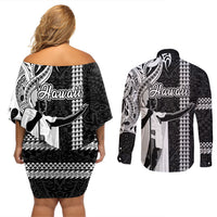 Hawaii Oahu Island Couples Matching Off Shoulder Short Dress and Long Sleeve Button Shirts Hawaiian King and Kakau Symbols Abstract Shoulder Tattoo LT03 - Polynesian Pride