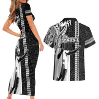 Hawaii Oahu Island Couples Matching Short Sleeve Bodycon Dress and Hawaiian Shirt Hawaiian King and Kakau Symbols Abstract Shoulder Tattoo LT03 - Polynesian Pride