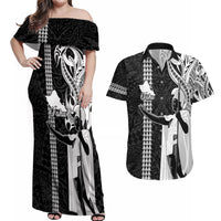 Custom Hawaii Oahu Island Couples Matching Off Shoulder Maxi Dress and Hawaiian Shirt Hawaiian King and Kakau Symbols Abstract Shoulder Tattoo LT03 Black - Polynesian Pride