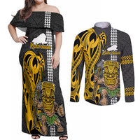 Hawaii Kahoolawe Island Couples Matching Off Shoulder Maxi Dress and Long Sleeve Button Shirts Hawaiian Warrior and Kakau Symbols Abstract Tattoo LT03 Yellow - Polynesian Pride