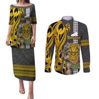 Hawaii Kahoolawe Island Couples Matching Puletasi Dress and Long Sleeve Button Shirts Hawaiian Warrior and Kakau Symbols Abstract Tattoo LT03 Yellow - Polynesian Pride