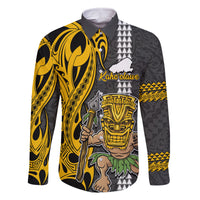 Hawaii Kahoolawe Island Family Matching Long Sleeve Bodycon Dress and Hawaiian Shirt Hawaiian Warrior and Kakau Symbols Abstract Tattoo LT03 Dad's Shirt - Long Sleeve Yellow - Polynesian Pride
