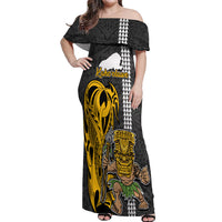 Hawaii Kahoolawe Island Off Shoulder Maxi Dress Hawaiian Warrior and Kakau Symbols Abstract Tattoo LT03 Women Yellow - Polynesian Pride