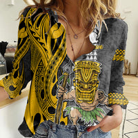 Hawaii Kahoolawe Island Women Casual Shirt Hawaiian Warrior and Kakau Symbols Abstract Tattoo LT03 Female Yellow - Polynesian Pride