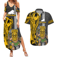 Custom Hawaii Kahoolawe Island Couples Matching Summer Maxi Dress and Hawaiian Shirt Hawaiian Warrior and Kakau Symbols Abstract Tattoo LT03 Yellow - Polynesian Pride