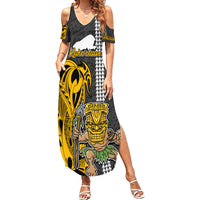 Custom Hawaii Kahoolawe Island Summer Maxi Dress Hawaiian Warrior and Kakau Symbols Abstract Tattoo LT03 Women Yellow - Polynesian Pride