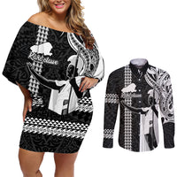 Hawaii Kahoolawe Island Couples Matching Off Shoulder Short Dress and Long Sleeve Button Shirts Hawaiian King and Kakau Symbols Abstract Shoulder Tattoo LT03 Black - Polynesian Pride