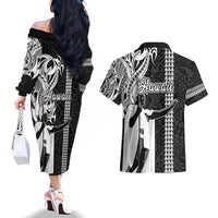 Hawaii Kahoolawe Island Couples Matching Off The Shoulder Long Sleeve Dress and Hawaiian Shirt Hawaiian King and Kakau Symbols Abstract Shoulder Tattoo LT03 - Polynesian Pride