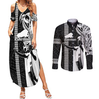 Custom Hawaii Kahoolawe Island Couples Matching Summer Maxi Dress and Long Sleeve Button Shirts Hawaiian King and Kakau Symbols Abstract Shoulder Tattoo LT03 Black - Polynesian Pride