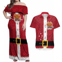 Papua New Guinea Merry Christmas Couples Matching Off Shoulder Maxi Dress and Hawaiian Shirt Santa Suit Style With Melanesian Pattern LT03 Red - Polynesian Pride