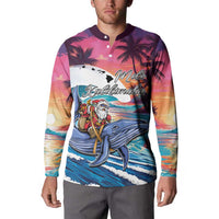 Hawaiian Mele Kalikimaka Button Sweatshirt Santa Claus Driving The Whale with Sunset Ocean Landscape