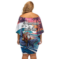 Hawaiian Mele Kalikimaka Family Matching Off Shoulder Short Dress and Hawaiian Shirt Santa Claus Driving The Whale with Sunset Ocean Landscape