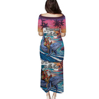 Hawaiian Mele Kalikimaka Family Matching Puletasi and Hawaiian Shirt Santa Claus Driving The Whale with Sunset Ocean Landscape