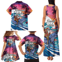 Hawaiian Mele Kalikimaka Family Matching Tank Maxi Dress and Hawaiian Shirt Santa Claus Driving The Whale with Sunset Ocean Landscape