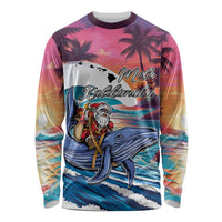Hawaiian Mele Kalikimaka Long Sleeve Shirt Santa Claus Driving The Whale with Sunset Ocean Landscape LT03 Unisex Blue - Polynesian Pride